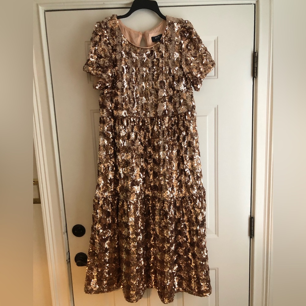 Anthropologie Maeve Sequin Tiered Babydoll Midi Dress - Gold - Large